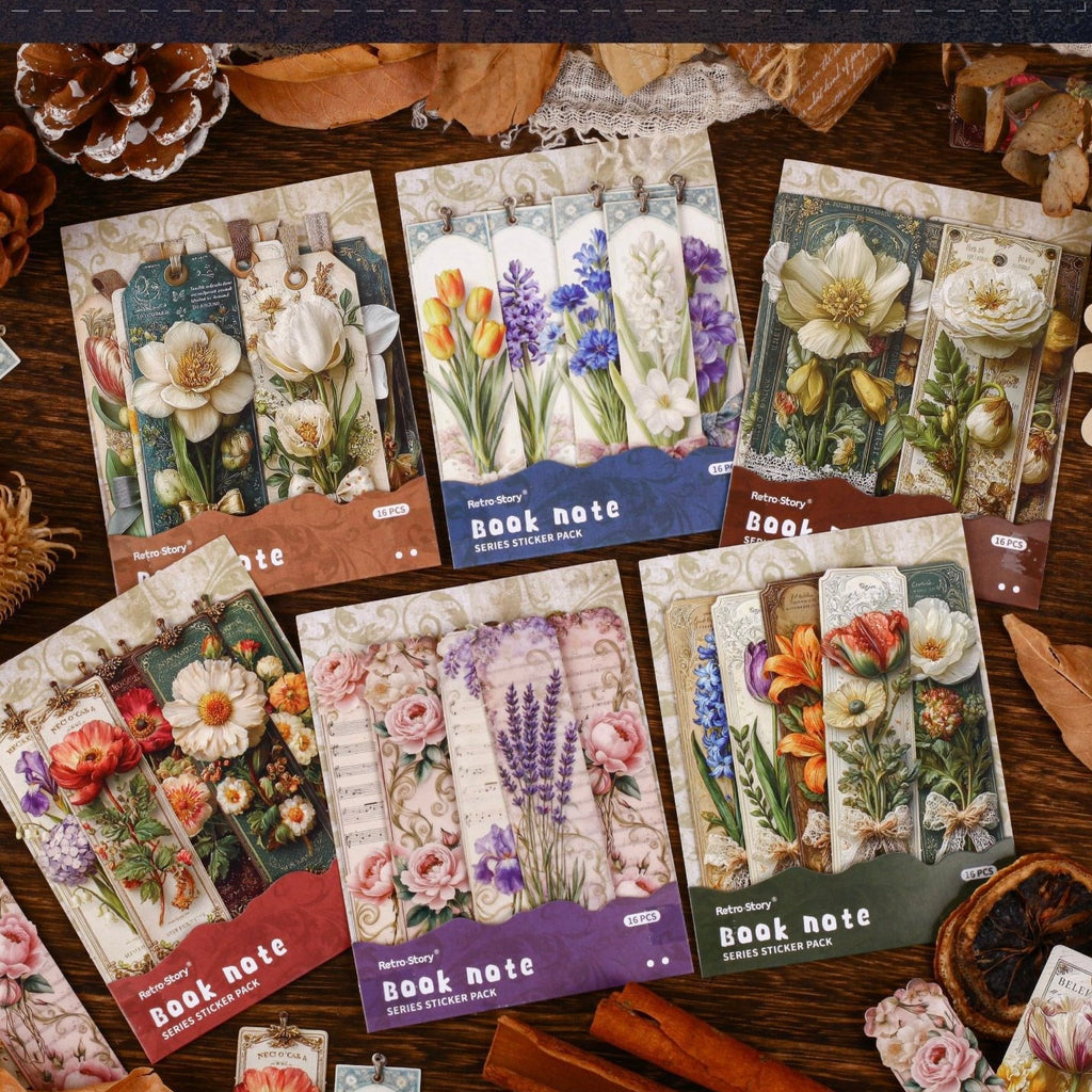 Vintage Floral Bookmark Sticker Set (16 pcs)